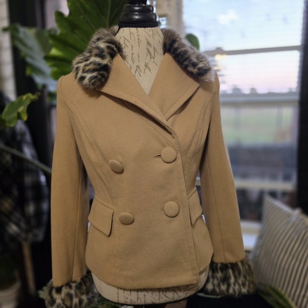 INC Beige Wool Blend Faux Fur Cheetah Print Collar Short Pea Coat